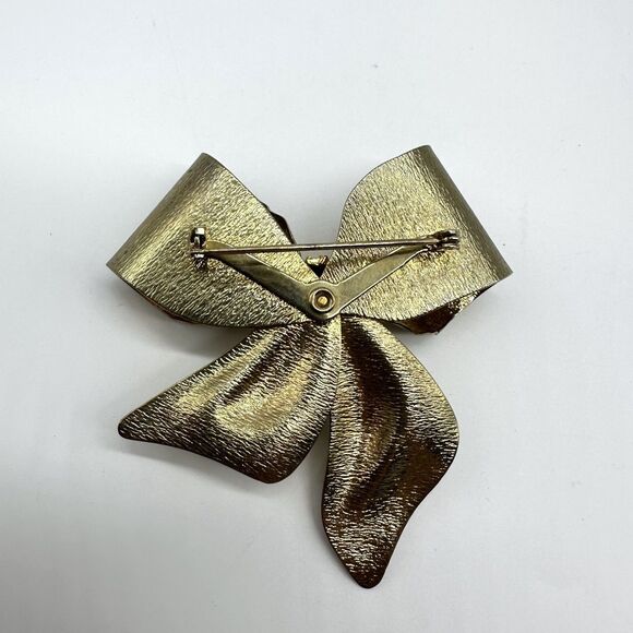 Vintage Puffed Textured Bow Ribbon Brooch Pin Gold Tone - Picture 2 of 4